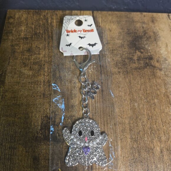 Halloween Rhinestone Bedazzled Ghost Keychain, Bag Clip, BOO - NEW - Picture 1 of 3